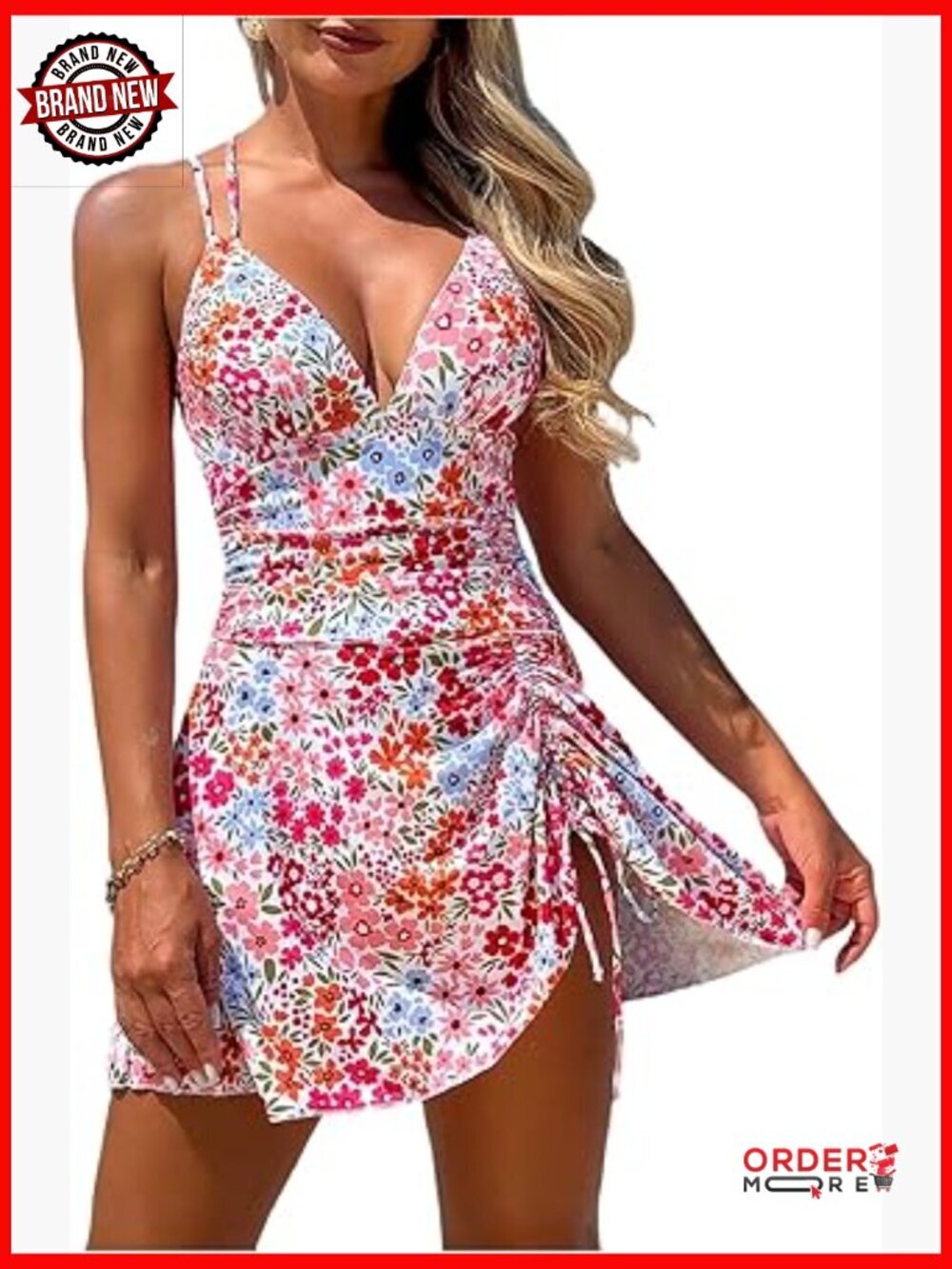 One Piece Swimsuit Deep V Neck Spaghetti Strap Drawstring Beach Dress Bathing
